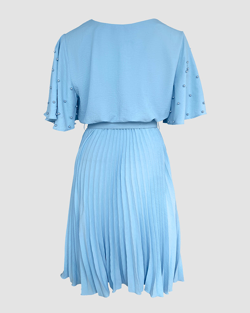 Pearl Decor Short Sleeve Ruched Waist Pleated Dress with Belt