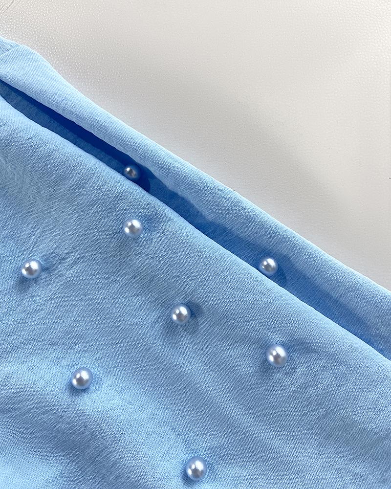 Pearl Decor Short Sleeve Ruched Waist Pleated Dress with Belt