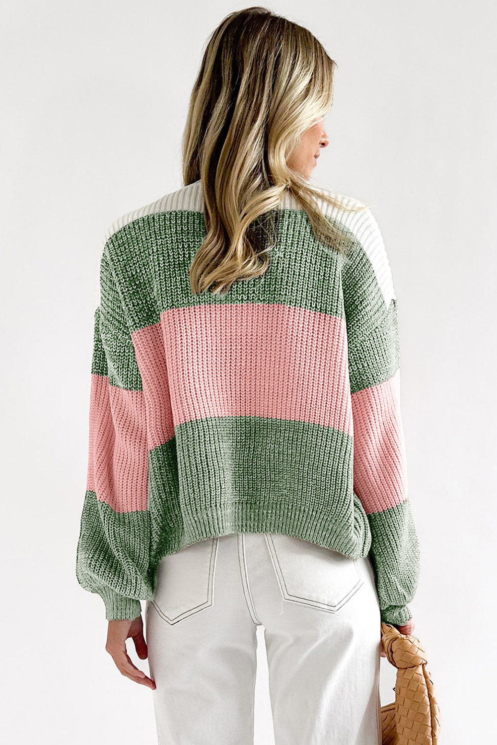Green Colorblock Drop Shoulder Pullover Loose Sweater