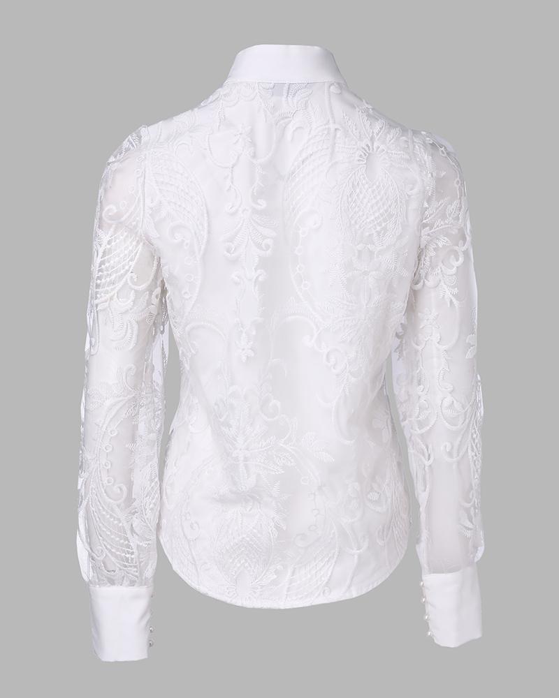 Pearls Decor Buttoned Lace Top