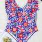Blue Floral Print Ruffled V Neck High Waist One Piece Swimwear