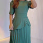 Round Neck Puff Sleeve Pleated Dress Casual Button Decor A Line Waist Dress