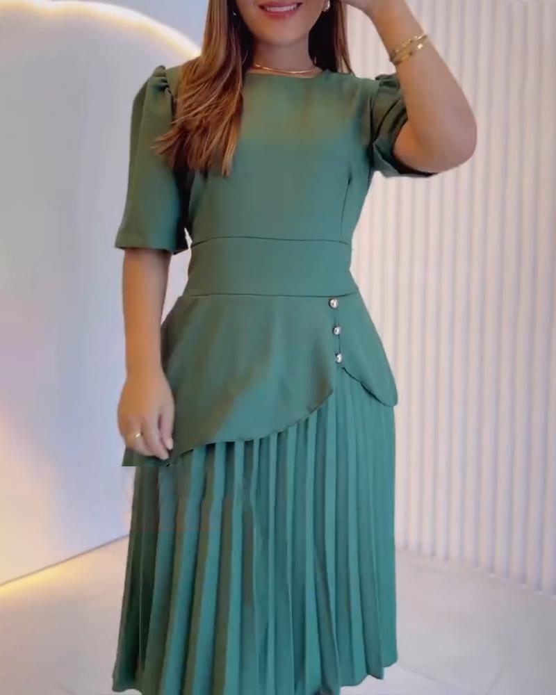 Round Neck Puff Sleeve Pleated Dress Casual Button Decor A Line Waist Dress