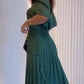 Round Neck Puff Sleeve Pleated Dress Casual Button Decor A Line Waist Dress