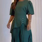 Round Neck Puff Sleeve Pleated Dress Casual Button Decor A Line Waist Dress