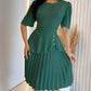 Round Neck Puff Sleeve Pleated Dress Casual Button Decor A Line Waist Dress