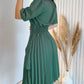Round Neck Puff Sleeve Pleated Dress Casual Button Decor A Line Waist Dress