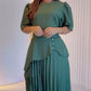 Round Neck Puff Sleeve Pleated Dress Casual Button Decor A Line Waist Dress