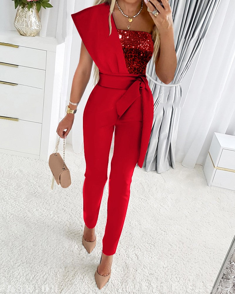 Contrast Sequin One Shoulder Jumpsuit