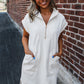 White Textured Half Zip Collared Cap Sleeve Mini Dress