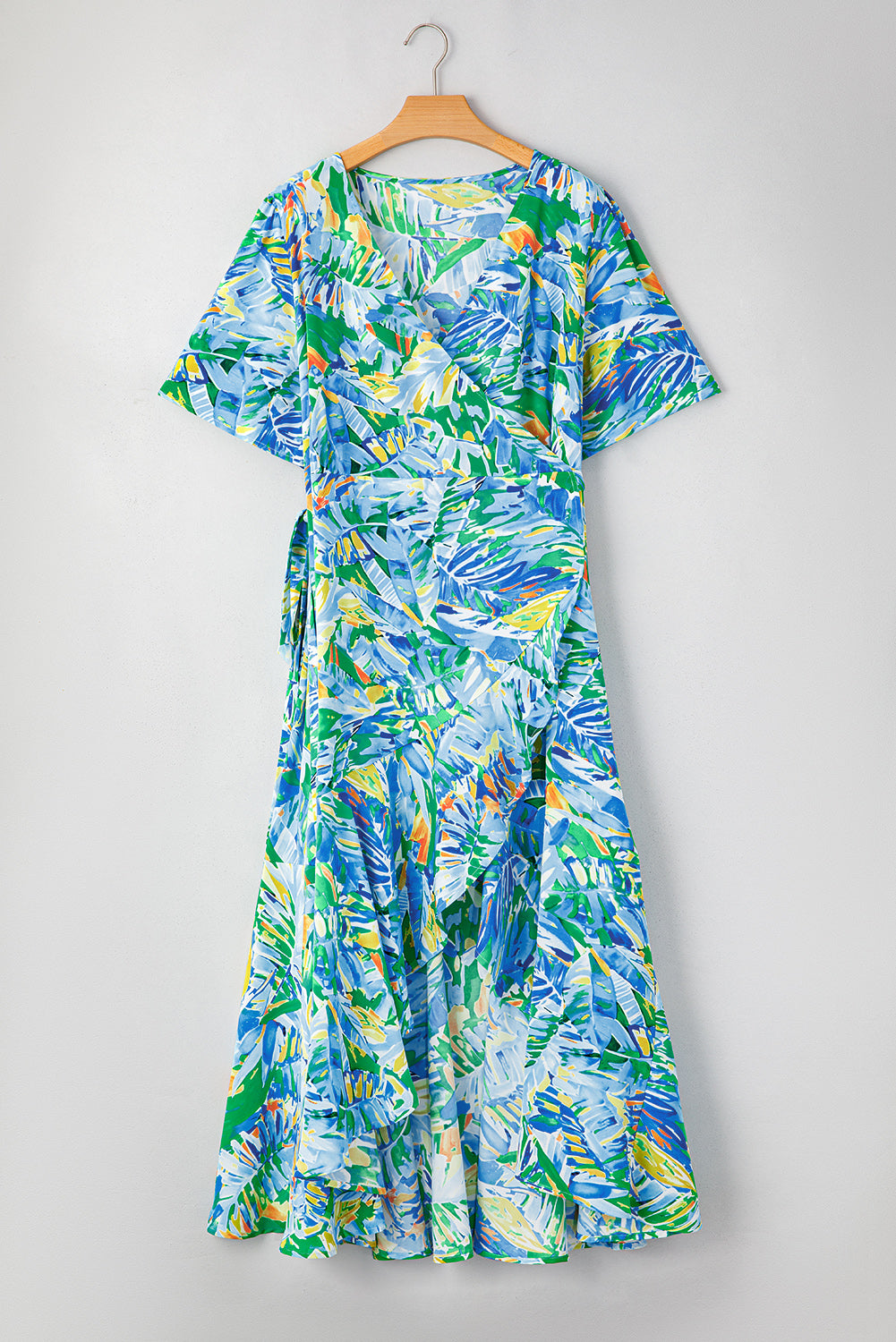 Green Leaves Print Short Sleeve Surplice Neck Ruffled Trim Plus Size Maxi Dress