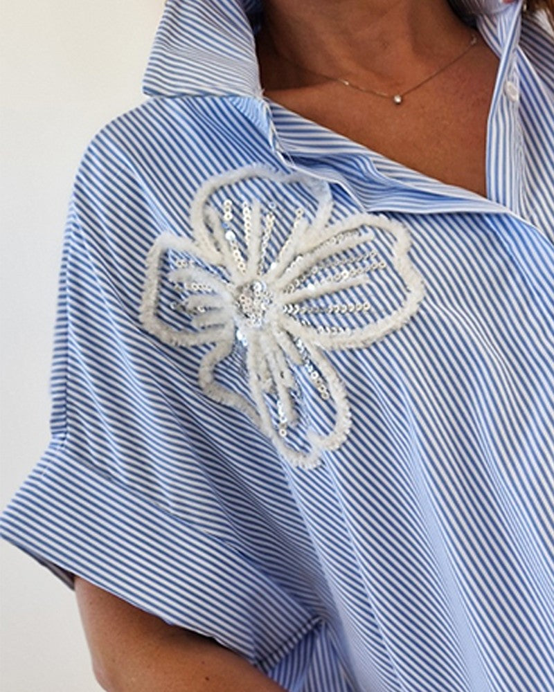 Floral Pattern Striped Contrast Sequin Asymmetrical Hem Top