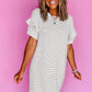 White Stripe Ruffled Short Sleeve Crew Neck T Shirt Shift Mini Dress