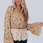 Yellow Printed Floral Bell Sleeve V Neck Wrapped Contrast Peplum Blouse