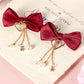 Racing Red Bow Knot Heart Pearl Tasseled Hair Clips