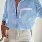 Sky Blue Stripe Contrast Patch Pocket Cuffed Sleeve Casual Shirt