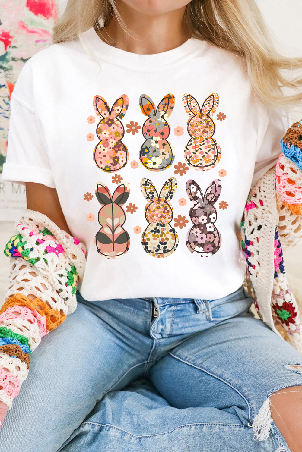 White Floral Bunny Graphic Crewneck Easter Fashion Tee