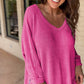 Rose Red Waffle Knit Side Slits Loose Fit V Neck Top