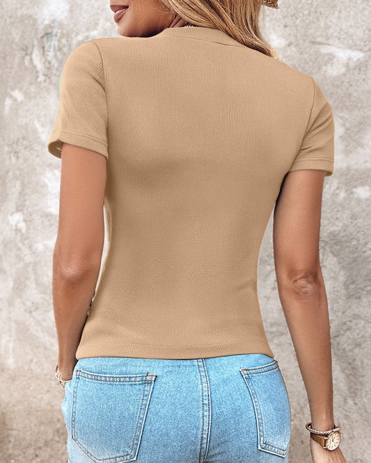 V Neck Short Sleeve Ribbed T Shirt Casual Slim Fit Top