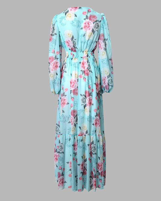 Lantern Sleeve Floral Print Maxi Dress