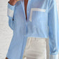 Sky Blue Stripe Contrast Patch Pocket Cuffed Sleeve Casual Shirt