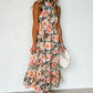 Black Boho Floral Print Knotted Halter Ruffled Maxi Dress