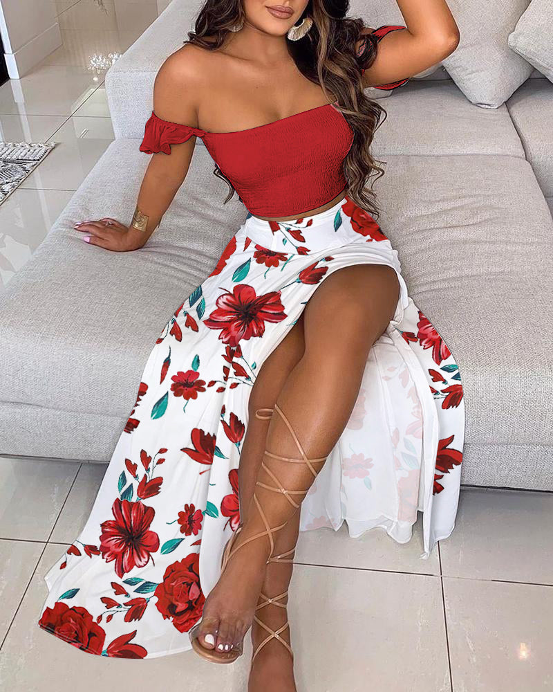 Off Shoulder Ruffles Top & Floral Print High Slit Skirt Set