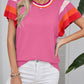 Bright Pink Contrast Flutter Sleeves Knitted Sweater T Shirt