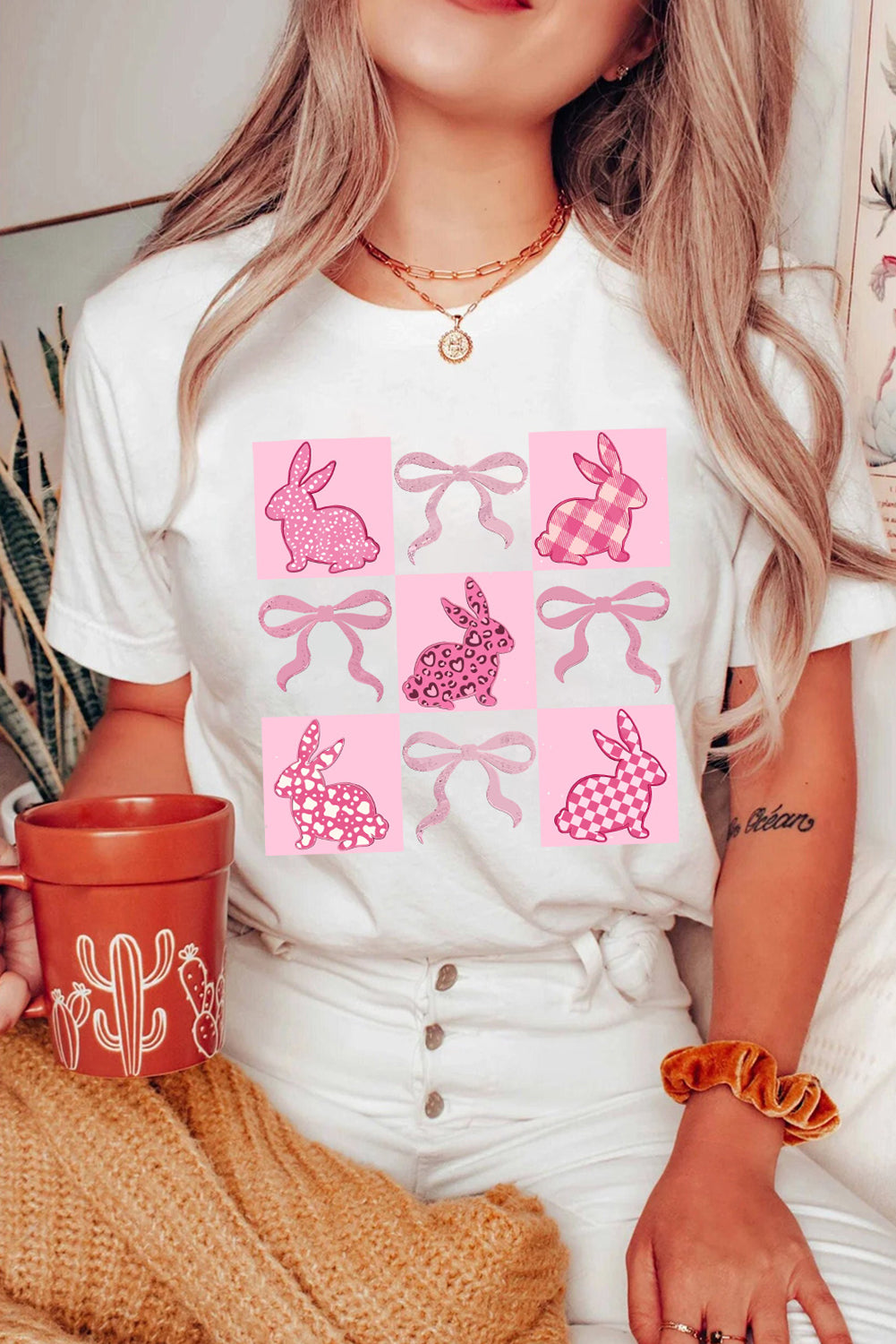 White Bunny Bowknot Graphic Easter Fashion T Shirt