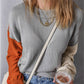 Gray Colorblock Bishop Sleeve Ribbed Trim Sweater