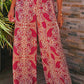 Red Paisley Printed Buttoned High Waist Straight Leg Pants