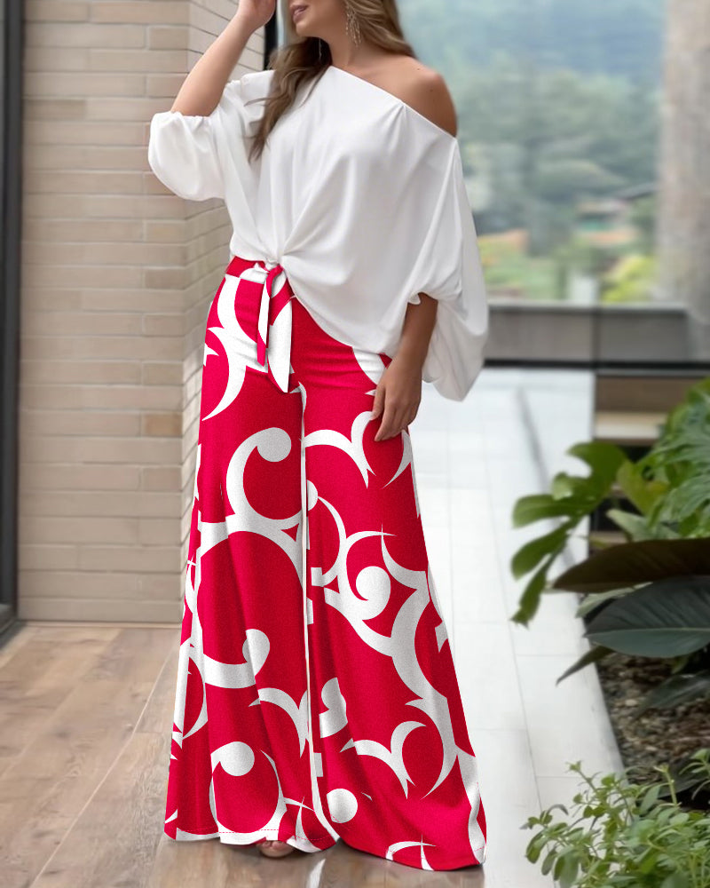 Skew Neck Lantern Sleeve Top amd Casual Abstract Print Pocket Design Wide Leg Pants Set