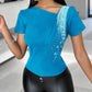Rhinestone Decor Asymmetrical Neck T Shirt