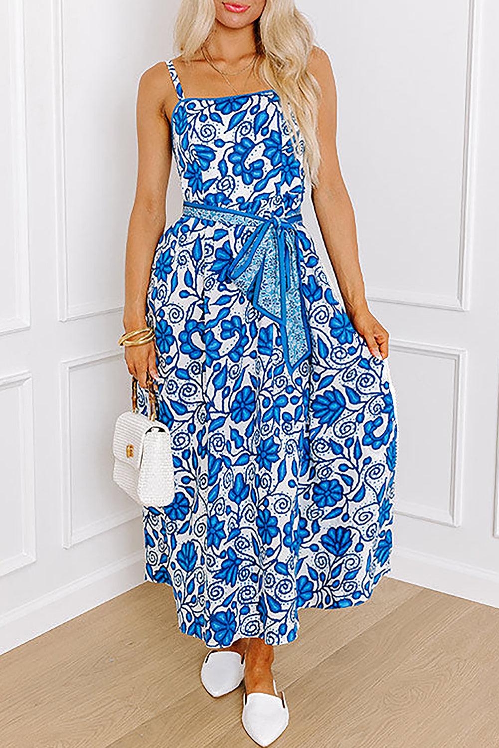 Blue Floral Printed Spaghetti Strap Maxi Dress with Waist Tie