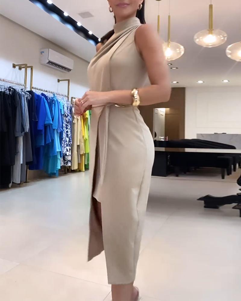 Ruched Sleeveless Slit Fake Two Piece Midi Dress