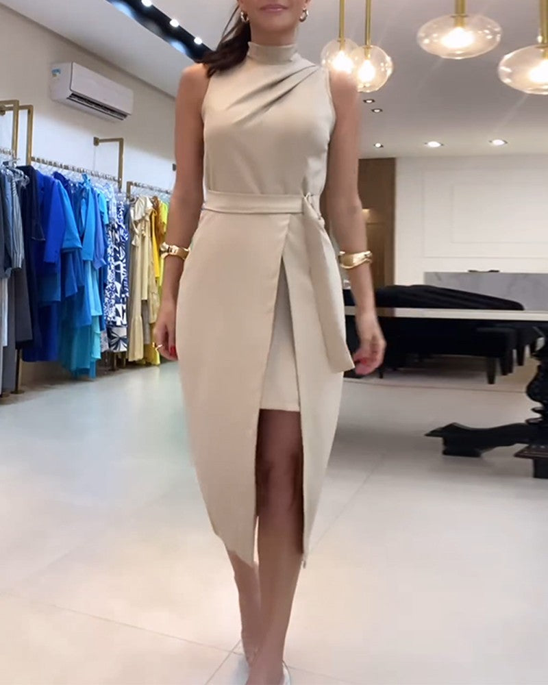 Ruched Sleeveless Slit Fake Two Piece Midi Dress