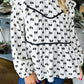 White Bow Knot Print Piping Trim Ruffled Crew Neck Blouse