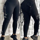 High Waist Webbing Side Zipper Pocket Design Skinny Pants Casual Slim Fit Leggings