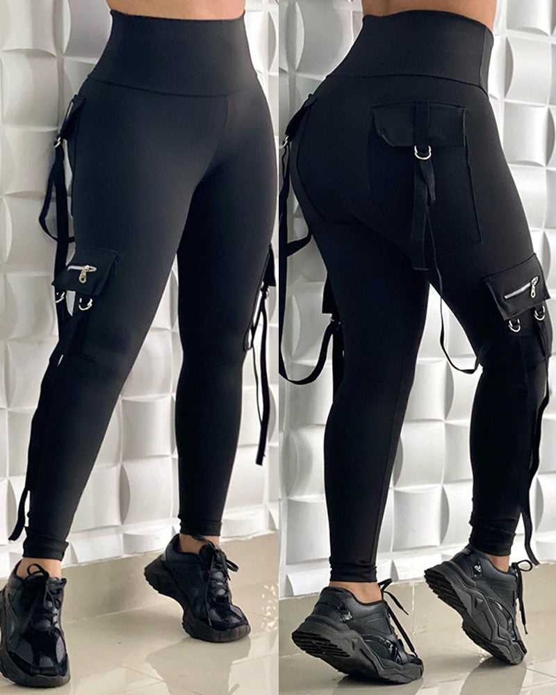 High Waist Webbing Side Zipper Pocket Design Skinny Pants Casual Slim Fit Leggings