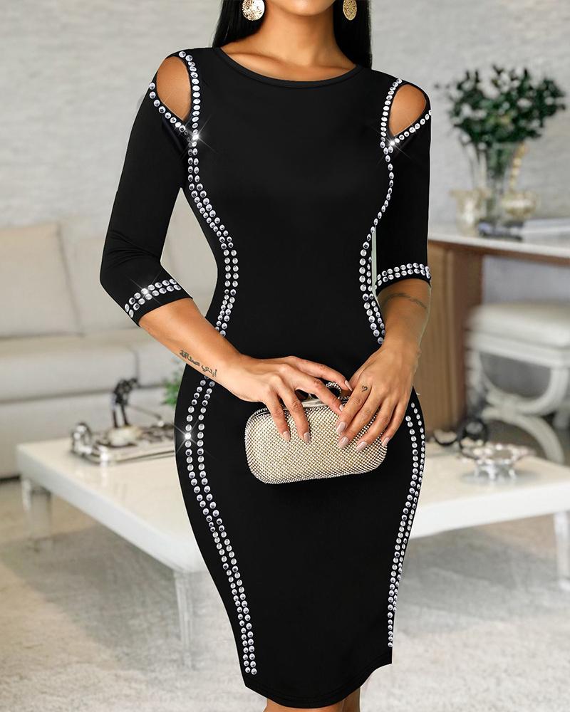 Rhinestone Round Neck Cutout Slim Fit Midi Dress Casual Bodycon
