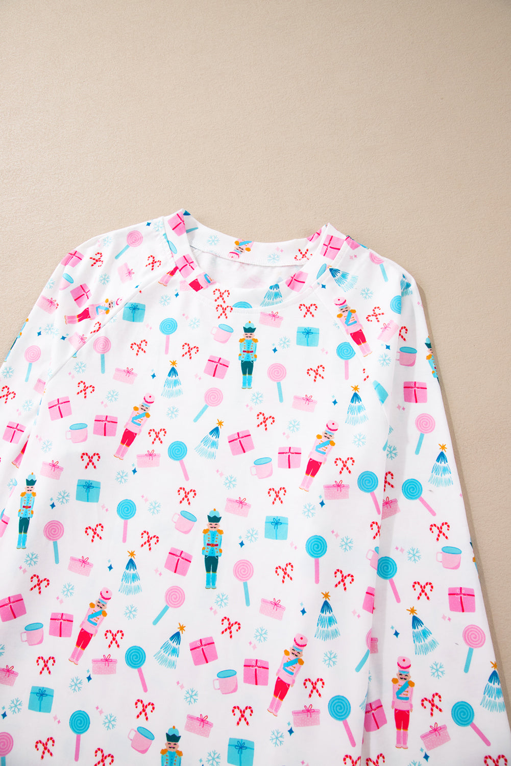 White Christmas Pattern Long Sleeve Top and Wide Leg Pants Set