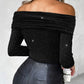 Off Shoulder Long Sleeve Rhinestone Decor Top