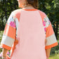 Orange Plus Size Floral Print Patchwork Raglan Half Sleeve Top