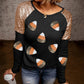 Black Sequined Shoulder Candy Corn Patched Pattern Raglan Sleeve Top