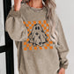Khaki Checkerboard Floral Ghost Graphic Corded Halloween Sweatshirt