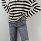 White Stripe V Neck Pocketed Drawstring Hooded Sweater
