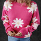Bright Pink Daisy Flower Crew Neck Long Sleeve Sweater
