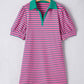 Rose Stripe Collared V Neck Puff Sleeve Shift T Shirt Dress with Pockets