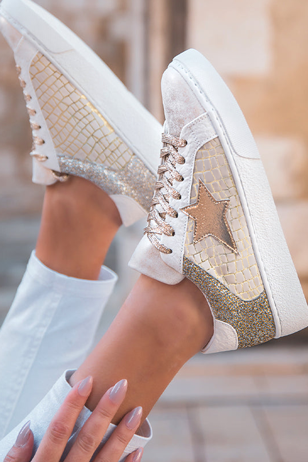 Gold Glitter Star Patchwork PU Leather Lace-up Sneakers