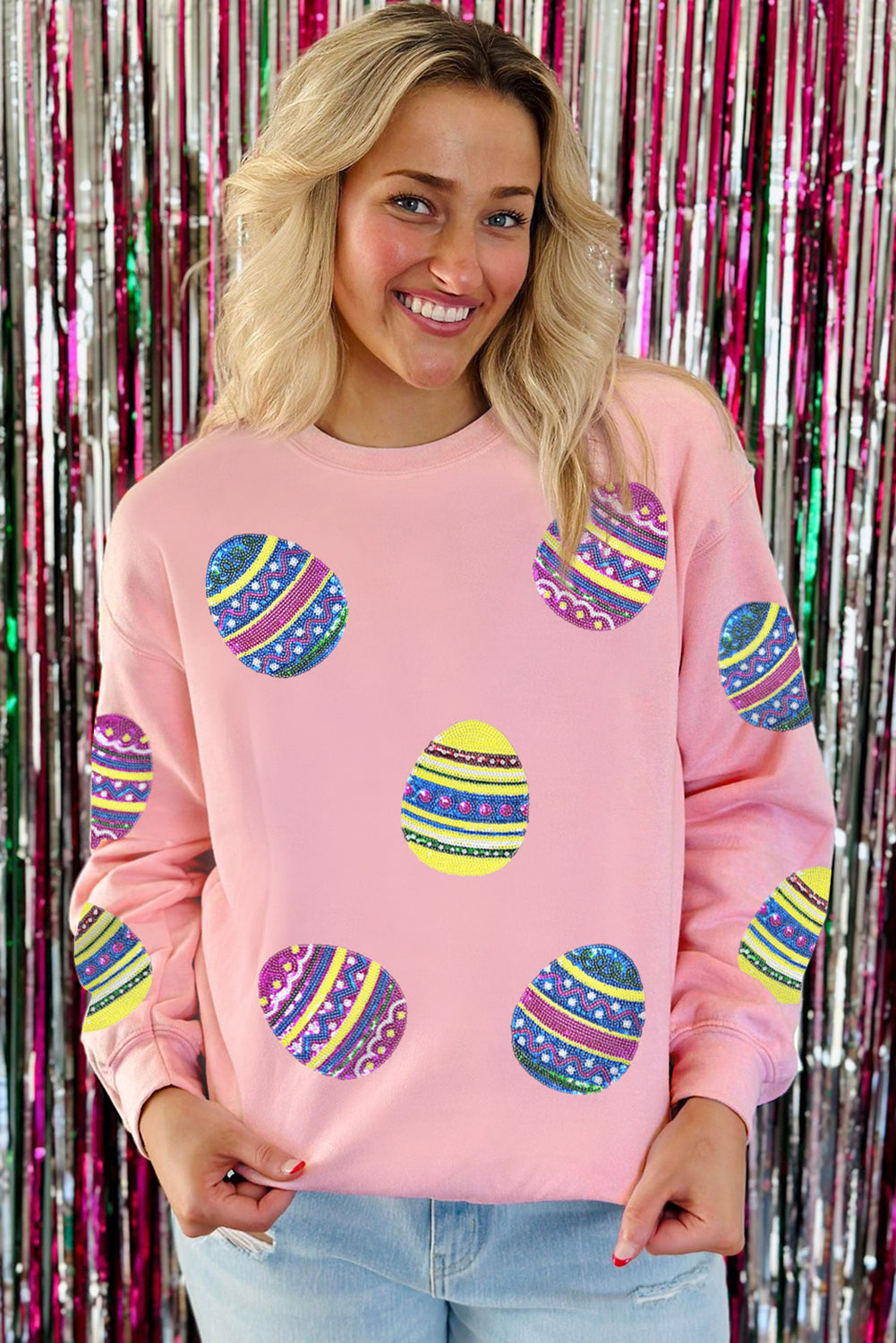 Pink Sequined Bunny Egg Easter Day Pullover Sweatshirt